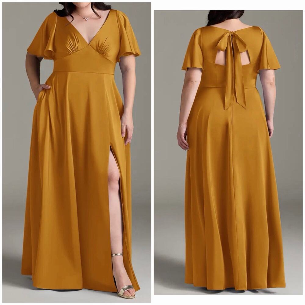 Azazie Kimber Bridesmaid Dress Marigold Size C Flutter Sleeve Maxi